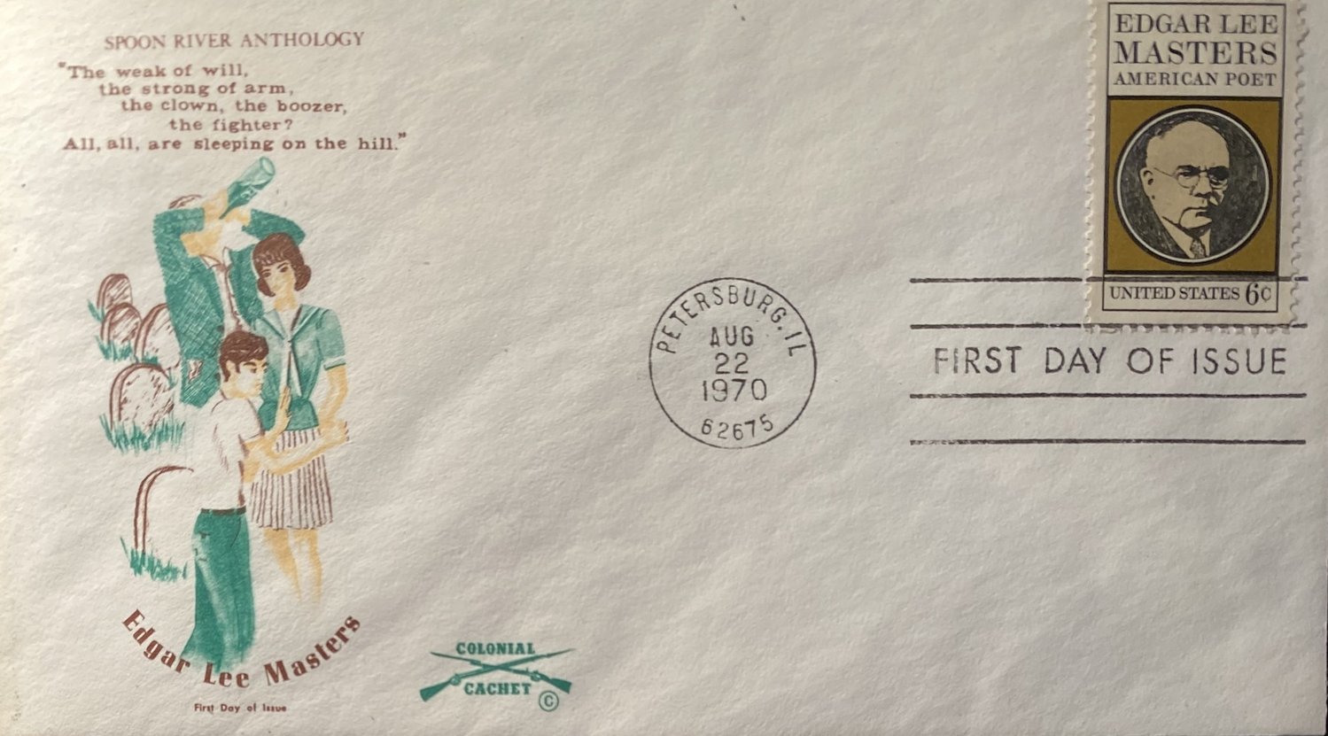 A stamp was issued in 1970 to honor author Edgar Lee Masters as Spoon River Anthology was being banned in his home town.